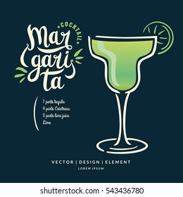 Modern hand drawn lettering label for alcohol cocktail Margarita. Calligraphy brush and ink. Handwritten inscriptions for layout and template. Vector illustration of text.