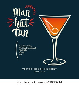 Modern hand drawn lettering label for alcohol cocktail Manhattan. Calligraphy brush and ink. Handwritten inscriptions for layout and template. Vector illustration of text.