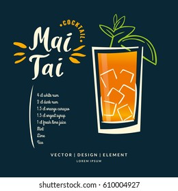 Etiqueta moderna con letras dibujadas a mano para el cóctel de alcohol Mai Tai. Pincel caligráfico y tinta. Inscripciones manuscritas para diseño y plantilla. Ilustración vectorial del texto.