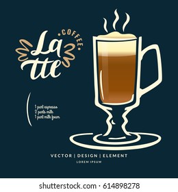 Modern hand drawn lettering label coffee drink Latte. Calligraphy brush and ink. Handwritten inscriptions for layout and template. Vector illustration of text.