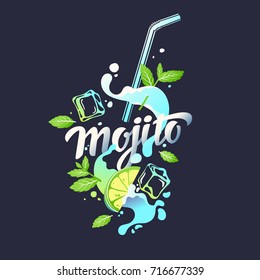 Modern hand drawn lettering label for alcohol cocktail Mojito. Handwritten inscriptions for layout and template. Vector illustration of text.