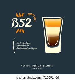 Modern hand drawn lettering label for alcohol cocktail B 52. Calligraphy brush and ink. Handwritten inscriptions for layout and template. Vector illustration.