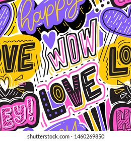 Modern hand drawn lettering seamless pattern for print, textile, fabric. Typography love background.