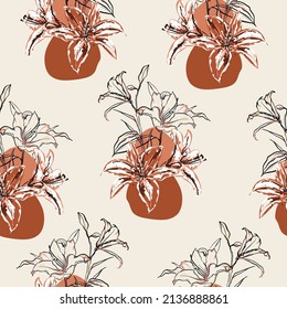 Modern hand drawn line sketch lily flowers mix with freeform circle shape ,seamless pattern vector for fashion ,fabric, and all prints on light beige background