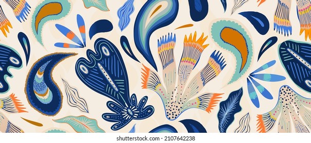 Modern hand drawn mixed ethno style ornament pattern. Abstract trendy colorful print. Fashionable vector template for your design. 