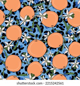 Modern Hand Drawn Orange And Flowers And Jaguar Animal Print Fashion Background Pattern Seamless