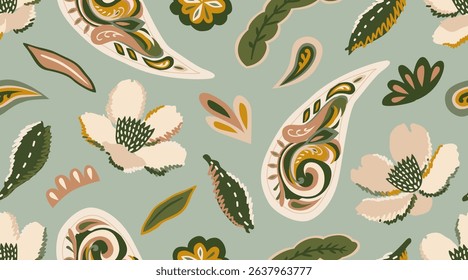 Modern hand drawn paisley with floral pattern. Abstract retro ethnic style. Fashionable vector template for your design. Textile printing, background, wallpaper, home decor. Vector illustration.