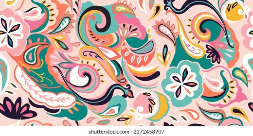 Modern hand drawn paisley ornament pattern. Abstract retro ethnic style. Fashionable vector template for your design.