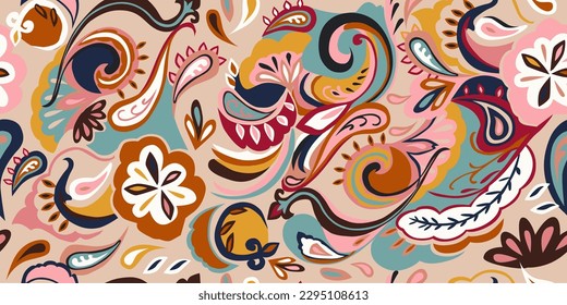 Modern hand drawn paisley ornament pattern. Abstract retro ethnic style. Fashionable vector template for your design.