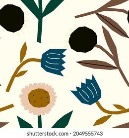 Modern hand drawn pattern with abstract jagged flowers  on white background. Cute autumn print in naive style for fabric design, wallpaper, wrapping paper