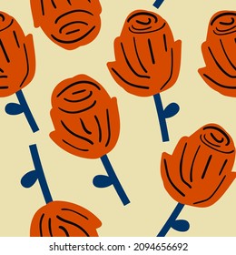 Modernes, handgezeichnetes Muster mit abstrakten roten Rosenblumen auf beigem Hintergrund. Cute Blumenmuster im naiven Stil für Stoffdesign, Tapete, Wickelpapier