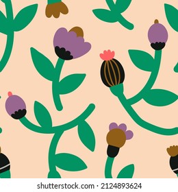 Modern hand drawn pattern with abstract  simple flowers  on light pink background. Cute  floral print in naive style for fabric design, wallpaper, wrapping paper