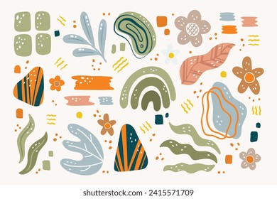 Modern hand drawn plant leaf and tropical shape decoration set. Pastel color doodle bundle for fashion design, summer season or natural concept.