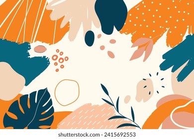 Modern hand drawn plant leaf and tropical shape decoration banner. Pastel color doodle bundle for fashion design, summer season or natural concept.