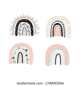 Modern hand drawn Prints with rainbow in Boho style.