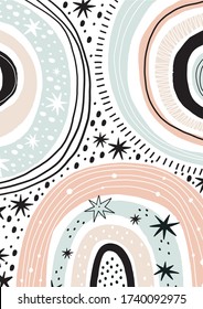 Modern hand drawn Prints with rainbow in Boho style.