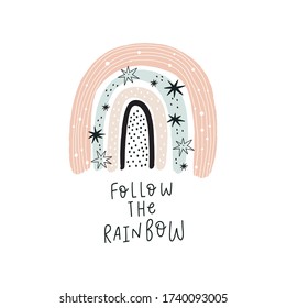 Dibujo moderno a mano Impresiones con arco iris al estilo Boho.