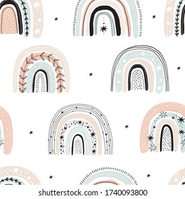 Modern Hand Drawn Prints With Rainbow In Boho Style. Seamless Pattern With Cute Scandinavian Rainbow