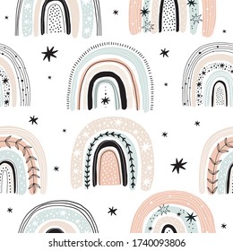 Modern Hand Drawn Prints With Rainbow In Boho Style. Seamless Pattern With Cute Scandinavian Rainbow