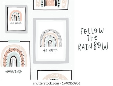 Modern hand drawn Prints with rainbow in Boho style.