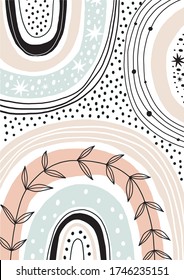 Modern hand drawn Prints with rainbow in Boho style. Bohemian abstract posters