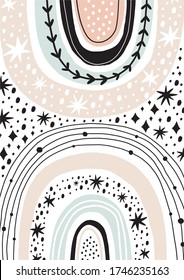 Modern hand drawn Prints with rainbow in Boho style. Bohemian abstract posters