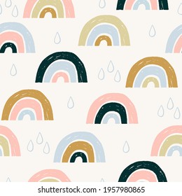 Modern hand drawn Prints with rainbow. Seamless pattern with cute scandinavian rainbow