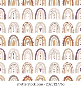 Modern hand drawn Prints with rainbow in Boho style. Seamless pattern with cute scandinavian rainbow. Kids pattern