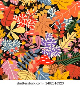 Modern hand drawn seamless pattern with different flowers and leaves. Autumn background. Vector 