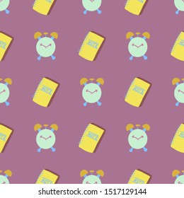 Diseño moderno a mano sin fisuras con alarma y portátil amarillo sobre fondo violeta. Elemento vectorial gráfico conceptual abstracto.
