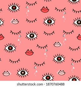 Modern hand drawn seamless pattern with eyes and lips.Vector texture