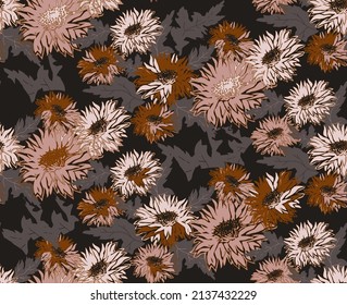 Modern hand drawn seamless pattern of flowers chrysanthemum in earth tones with blossom. For design, package, textile, fabric, wallpaper, bedding, spring summer clothes.