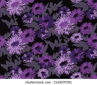 Modern hand drawn seamless pattern of flowers chrysanthemum in trendy velvet violet tones with blossom. For design, package, textile, fabric, wallpaper, bedding, spring summer clothes.