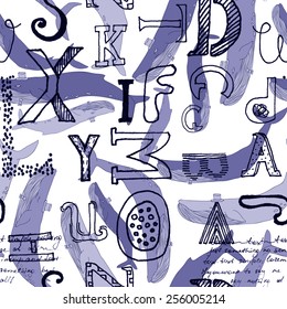 Modern hand drawn seamless pattern with different stylized doodle  letters with blue whales on the white background