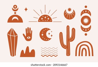 Moderne handgezeichnete Boho-Elemente mit geheimnisvollen Symbolen in Terrakotta-Farben. Böhmische Vektorgrafik.  Alle Objekte sind isoliert