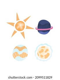 Modern hand drawn set with planets for decoration design. Trendy vector illustration isolated on white background.