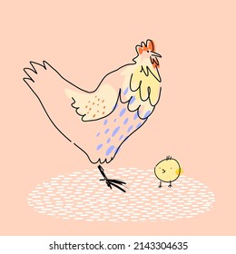 Esbozo moderno dibujado a mano hen y chick postcard espuma de montaña polvoriento de fondo rosa diseño vectorial