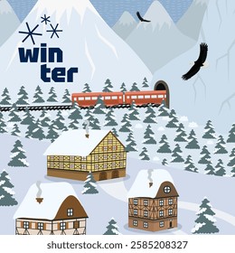 Modern hand drawn square banner design featuring winter landscape. Snow village in mountains and train. Beautiful snowy view, cold frozen scene with typography artwork