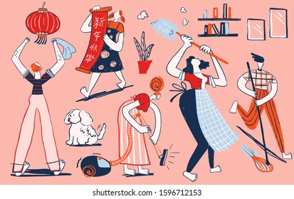 Modern hand drawn style family doing spring cleaning in pink tone