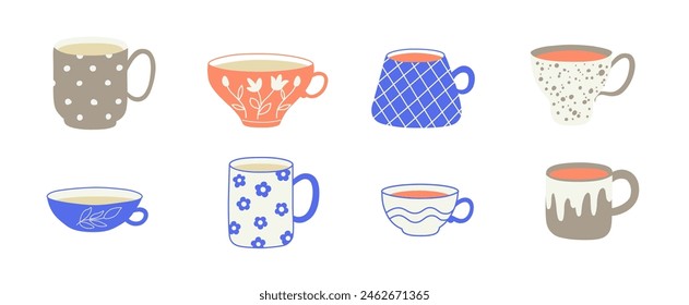 Modern hand drawn tea cups set. Set of colored mugs filling by beverages. Cute trendy crockery with handle for drink. Vector flat illustration isolated on background.