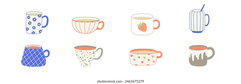 Modern hand drawn tea cups set. Set of colored mugs filling by beverages. Cute trendy crockery with handle for drink. Vector flat illustration isolated on background.