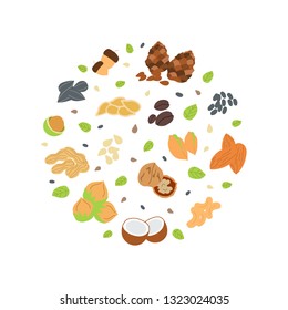Modern hand drawn template for print  with different nuts and seeds. Organic healthy food concept. Vector background for your design