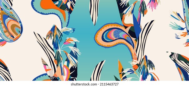 Modern hand drawn tropical paisley ornament pattern. Abstract trendy ethnic style. Fashionable vector template for your design. 