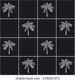 Modern hand drawn Tropical palm tree with hand drawn grid check ,  design for fashion ,fabric,and all prints on dark navy blue and white background color