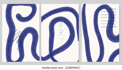 La mano moderna dibuja varias líneas y formas. Colección de afiches de la moderna línea azul. Arte abstracto contemporáneo. Ilustraciones vectoriales. 
