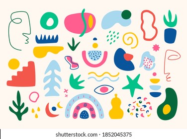 Modern hand drawn various organic shapes and colorful doodle objects. Set of abstract objects for textile prints. Contemporary trendy vector illustration