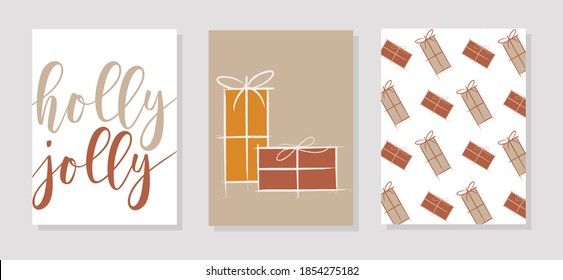 Modern hand drawn vector abstract fun Merry Christmas time cards collection set with cute surprise gift boxes 