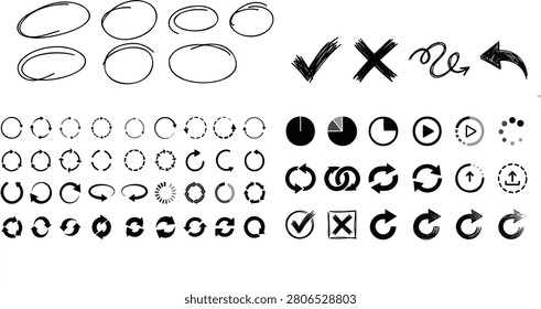 Modern hand drawn vector collection featuring UI and UX interface elements including loading spinners, progress indicators, refresh and sync icons, check marks, cross symbols, navigation arrows, media controls, circular outlines, and sketch interface components. Ideal for websites, mobile apps, dashboards, software interfaces, presentations, infographics, design systems, wireframes, and creative graphic design projects. #UIElements #InterfaceIcons #UIDesign #UXDesign #LoadingIcons #ProgressIndicator #LoadingSpinner #RefreshIcon #SyncIcon #NavigationIcons #CheckMark #CrossMark #MediaControls #WebDesign #MobileApp #Dashboard #DesignSystem #Wireframe #OutlineIcons #FlatVector #EditableVector #VectorIllustration #GraphicResources #DesignToolkit #IconSet