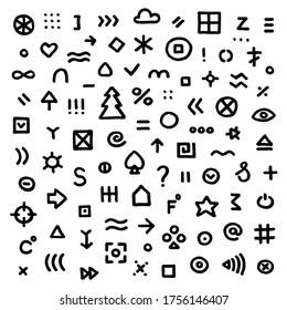 Modern hand drawn vector illustration with and different signs and symbols include arrows, dots, buttons, lines. Stylish simple line hand made elements for your design, web, poster, banner. 