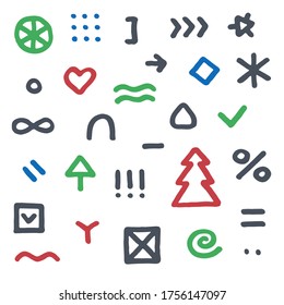 Modern hand drawn vector illustration with and different signs and symbols include arrows, dots, buttons, lines. Stylish simple line hand made elements for your design, web, poster, banner. 